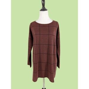 Eileen‎ Fisher  Sweater XS 100% Merino Wool Windowpane  Brown Women's